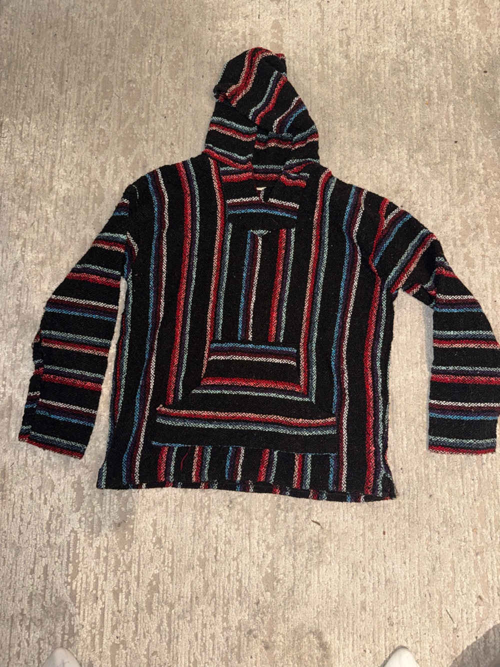 Pacifica Black Hooded Crewneck Sweater with Red and Blue Stripes